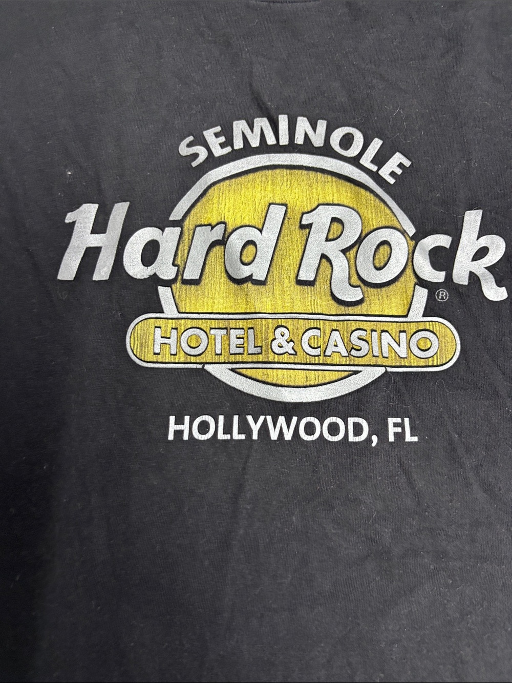 Hard Rock Cafe Black Tee with Yellow & White Seminole Hotel & Casino Logo